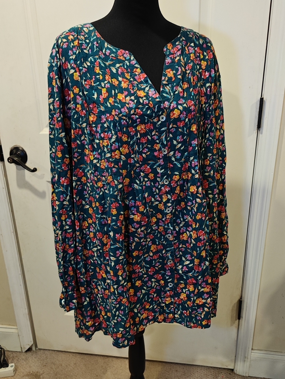 Roaman's Teal Floral Button-Front Tunic